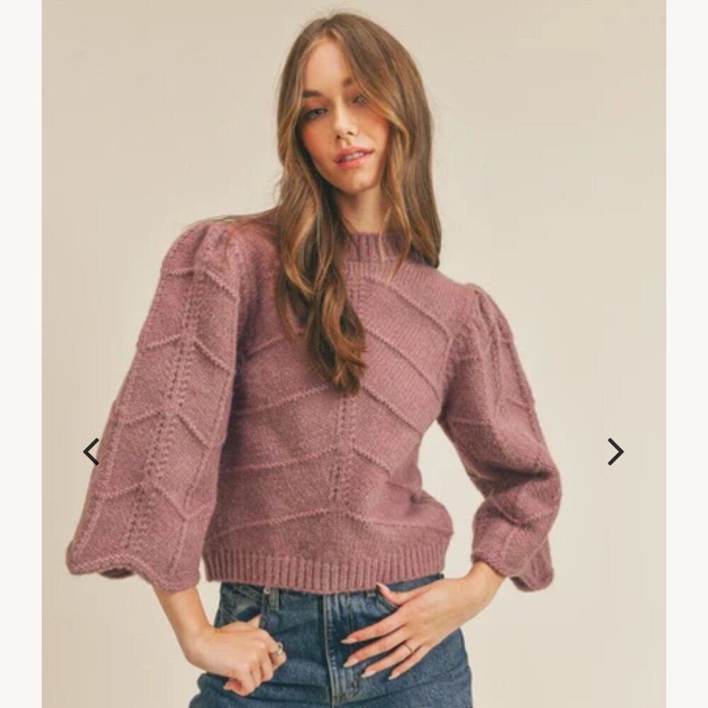 fab'rik Mauve Cropped Sweater w/ Bell Sleeves and Chevron Knit Women's Medium